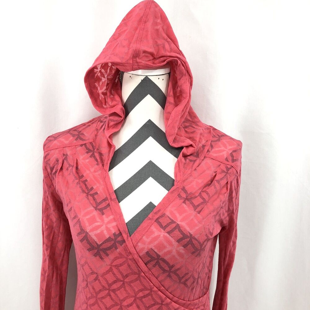 Lucy Spirit Burnout Hoodie Faux Wrap Semi-Sheer Ruched Pink Shirt Small